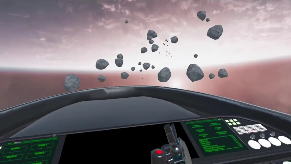 The Space Cop cockpit facing an asteroid field and a rising sun